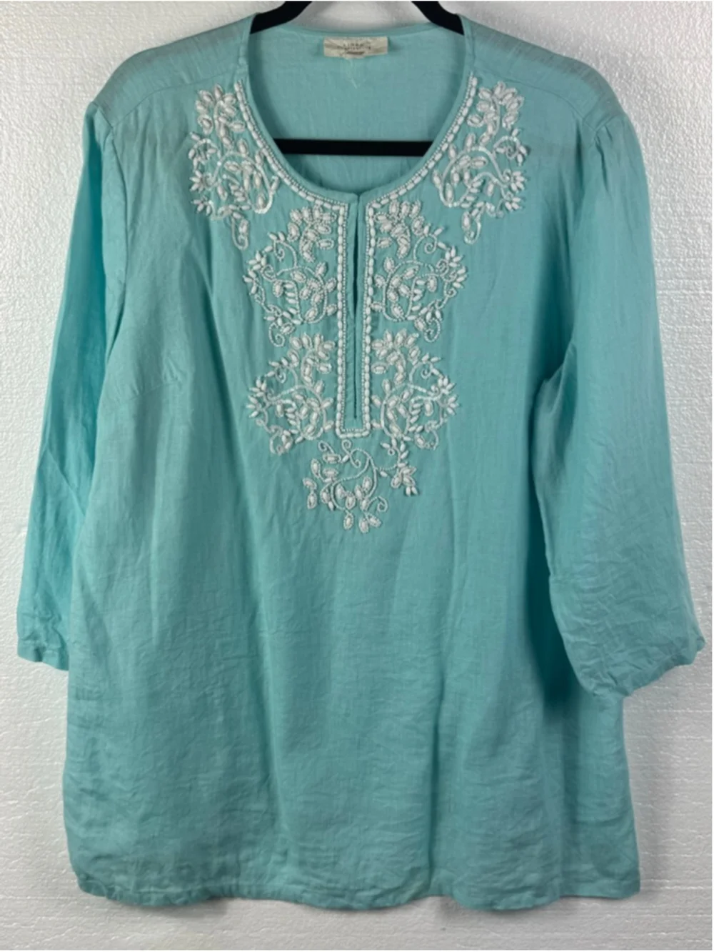 Charter Club aqua blue linen embroidered tunic top - Picture 1 of 9